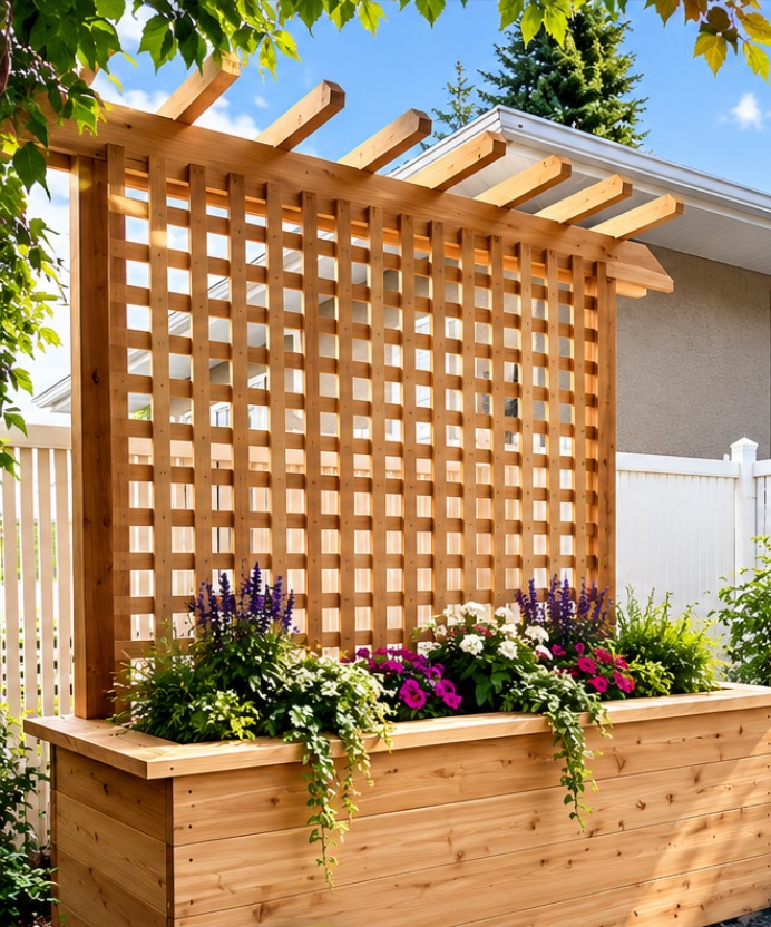 Custom wood raised planter box with a lattice trellis and pergola-style top, filled with flowers and trailing vines